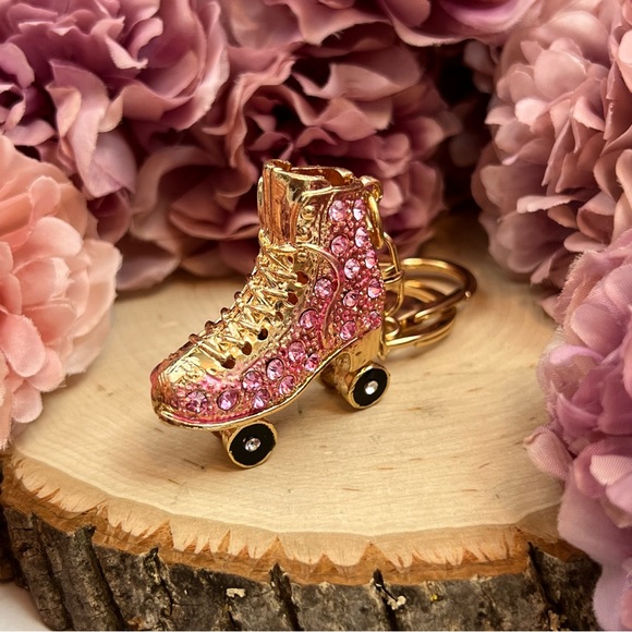 Pink and Gold Crystal Roller Skate Keychain Charm - Picture 8 of 16